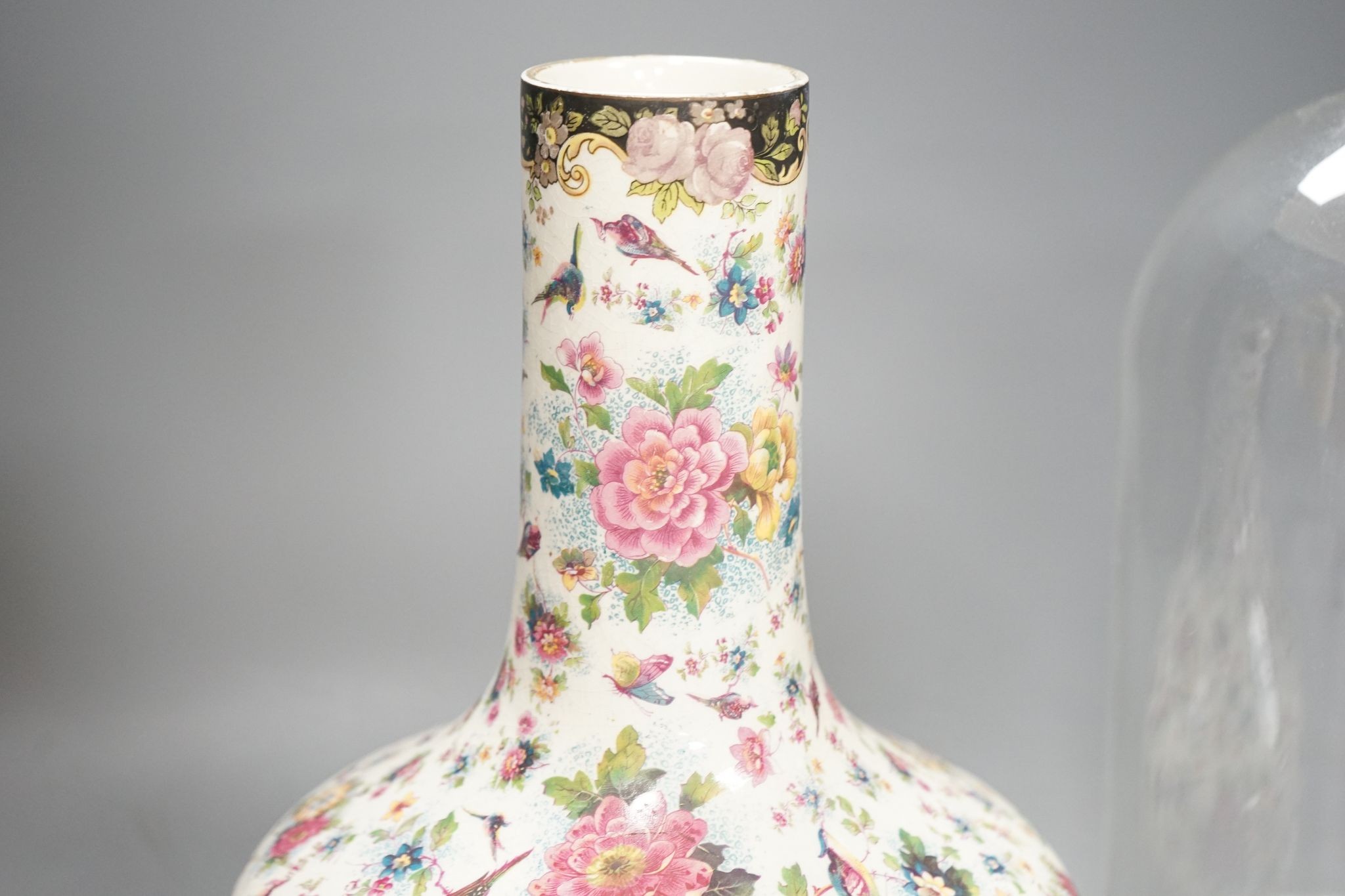 A mid 20th century Chintz vase and a glass dome, vase 27cm